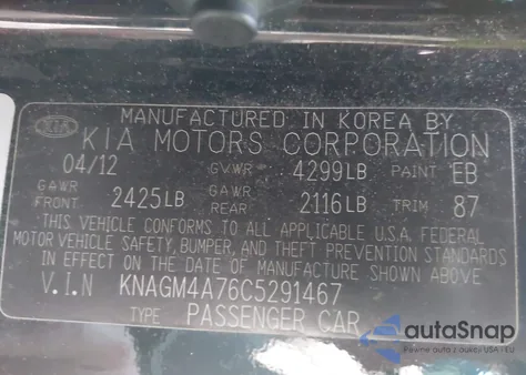 2012 Kia Optima Lx from USA, damaged, VIN KNAGM4A76C5291467